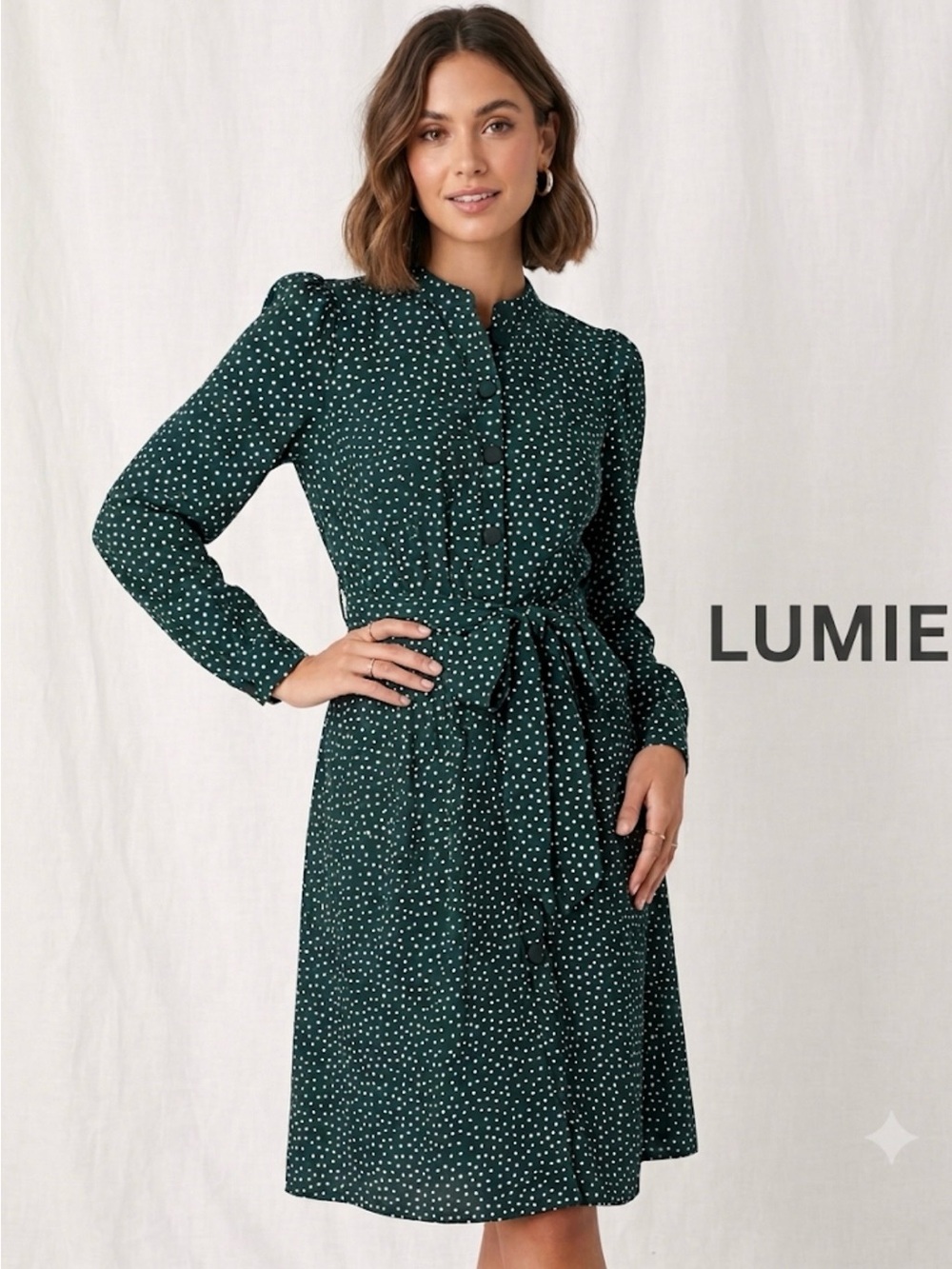 Lumie Dark Green Polka Dot Midi Dress with Tie Waist